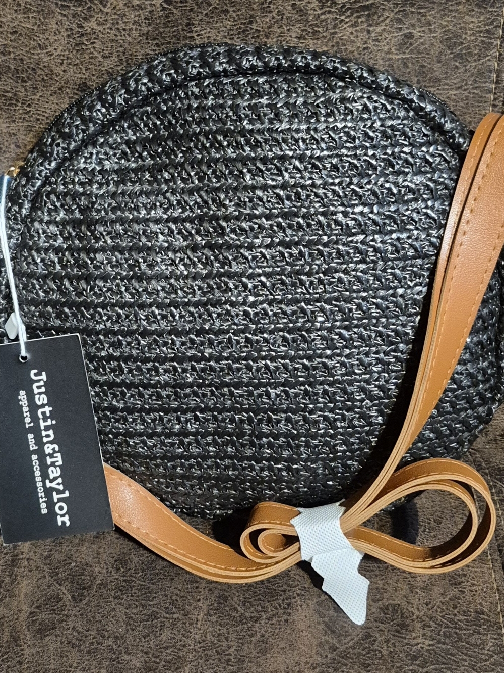 Just...Taylor Black Woven Round Crossbody with Tan Strap
